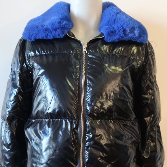Womens Central Park West Black Blue Faux Fur Collar Puffer Bomber Jacket S * - Picture 4 of 12